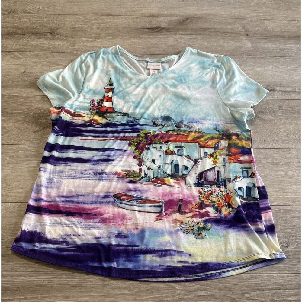 Weekends by Chico's Watercolor Lighthouse Multicolor Printed T Shirt Size 2